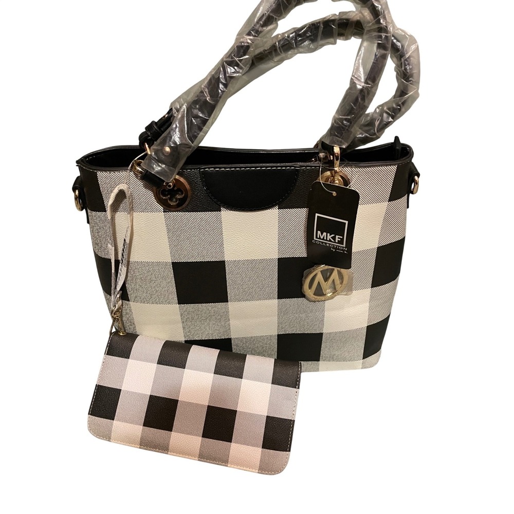 MKF Collection Mia K Buffalo Plaid Tote Bag and Wristlet Set Black White NWT